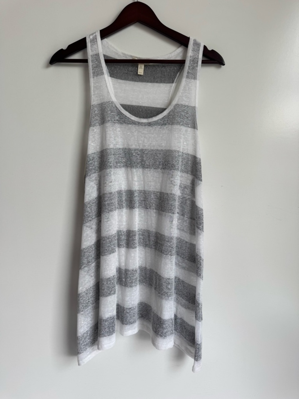 Eileen Fisher Linen Stripe Knit‎ Racerback Long Tank Medium gray white coastal